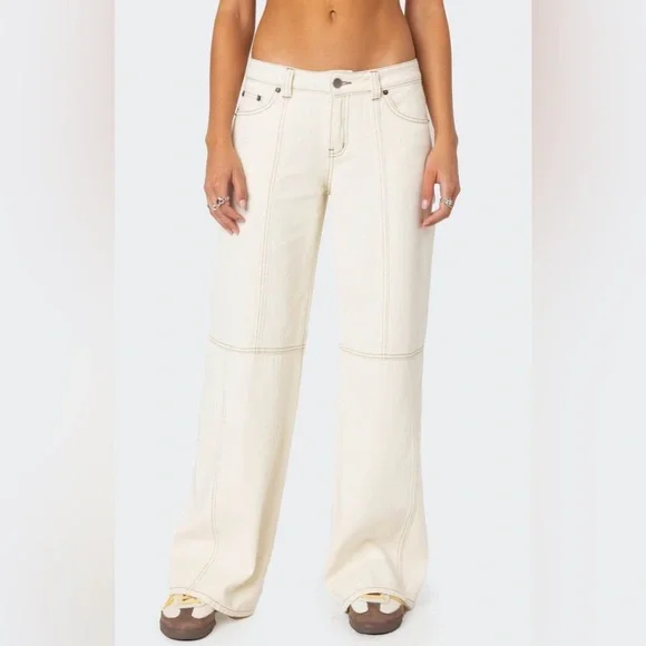 NWOT - Edikted Contrast Stitch Low Rise Jeans in Cream - Size L - Picture 6 of 9